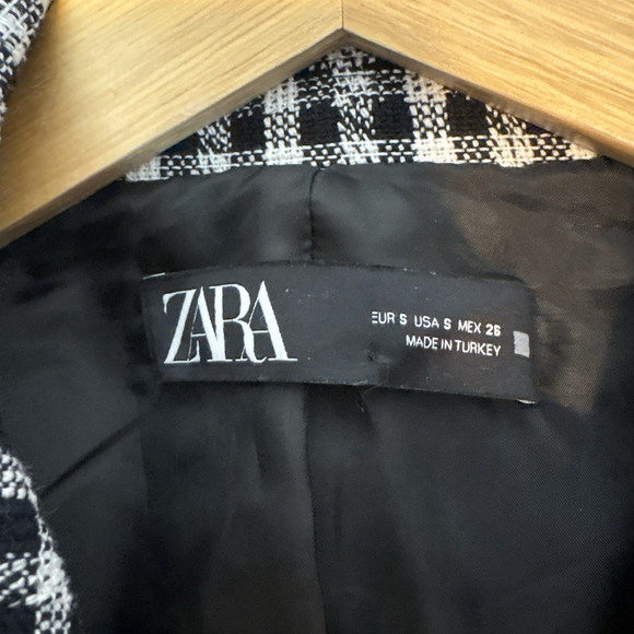 ZARA Black White Gingham Double Breasted Blazer Small Structured Cotton Jacket - Picture 9 of 10